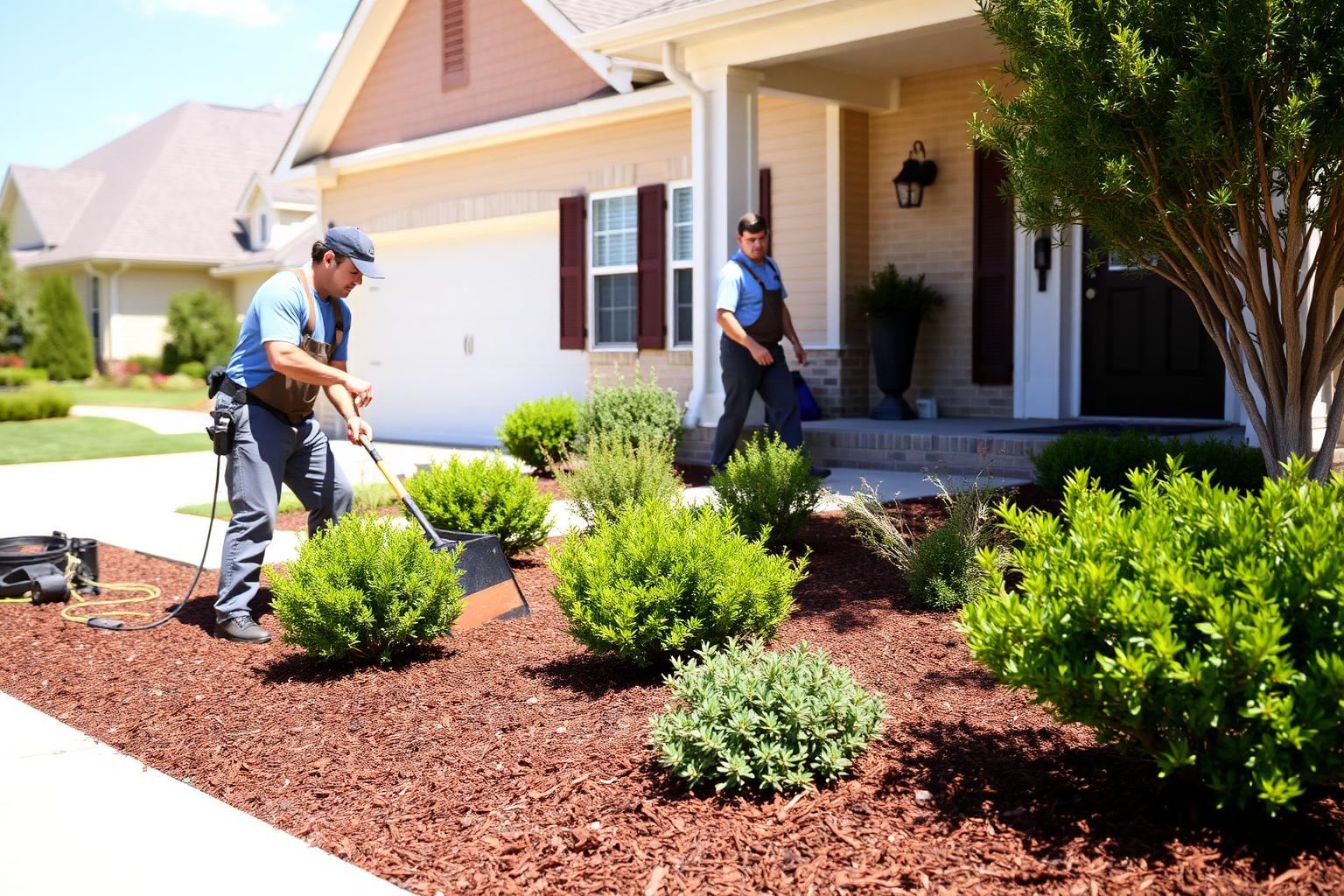 On Time Landscaping crew installing a new front yard bed with shrubs and mulch